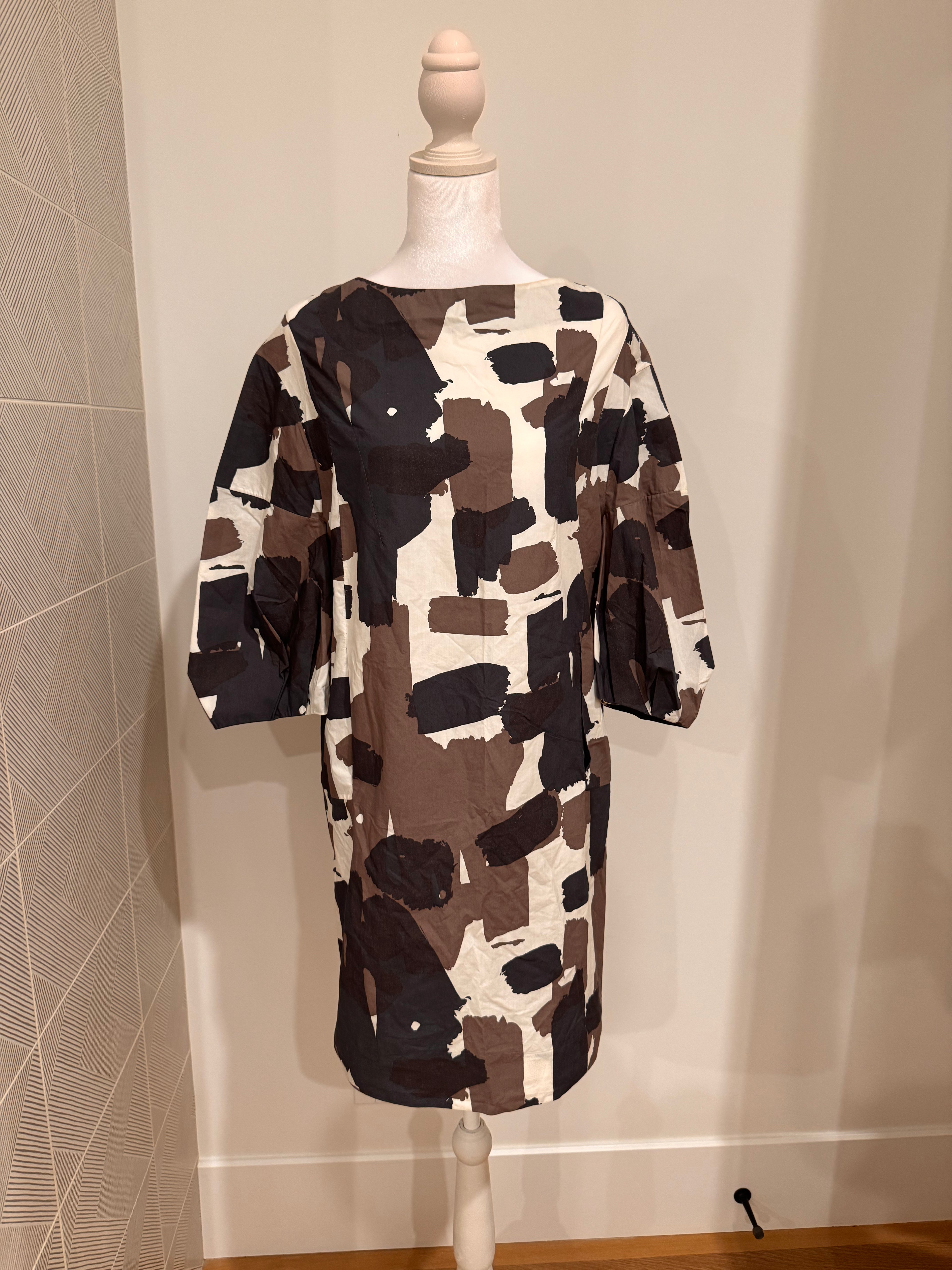 Marni Abstract Brushstroke Print Balloon Sleeve Boat Neck Dress