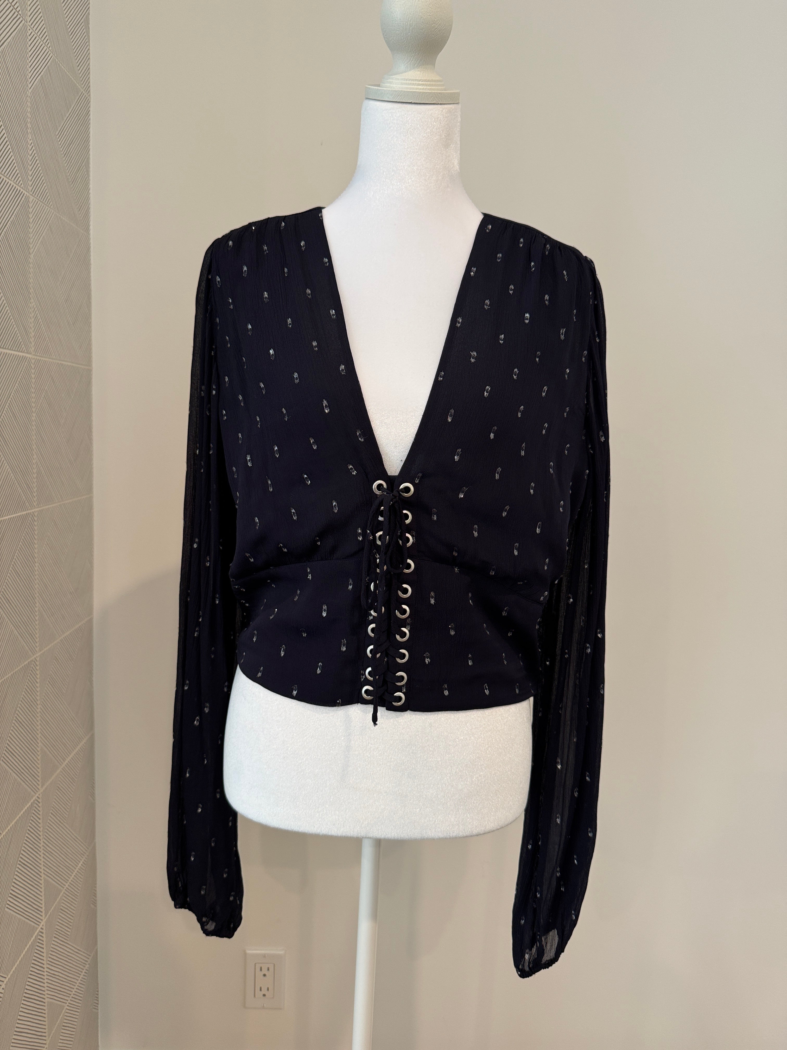 Kooples Deep V Blouse with Sheer Sleeves