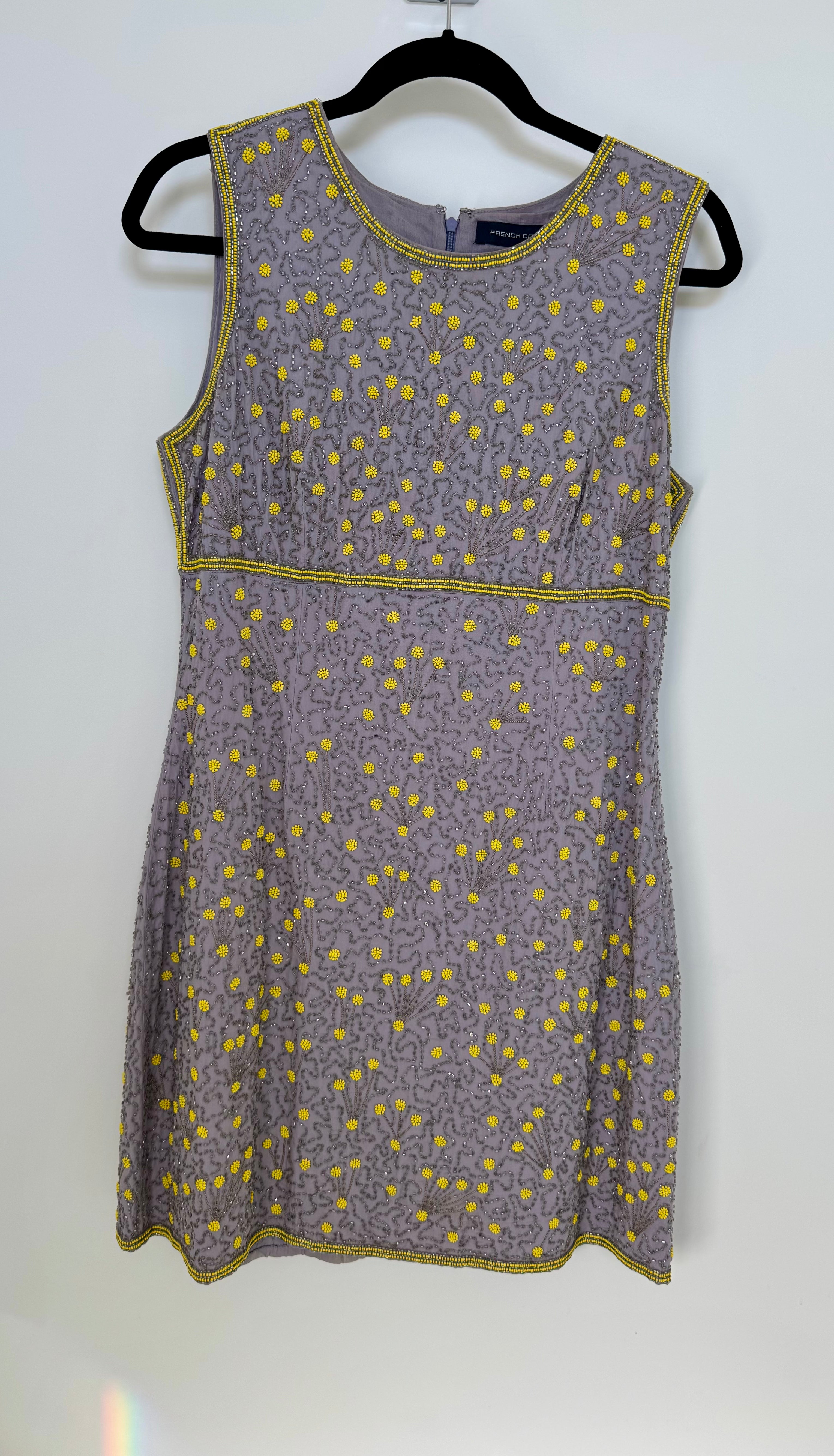 French Connection Gray Dress with Yellow Floral Beaded Accents